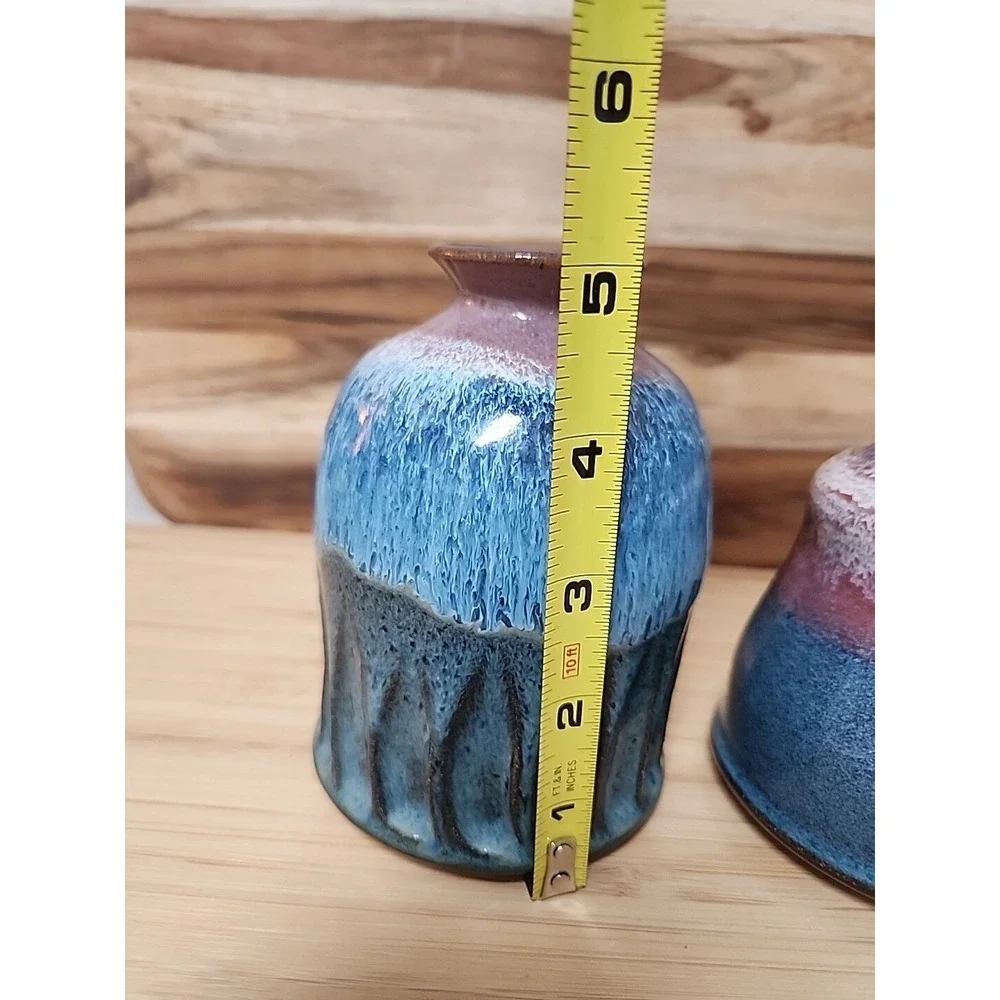 2 Vtg Stoneware Pottery Bud Vases Hand Turned Artist Signed Blue Drip Glaze 5